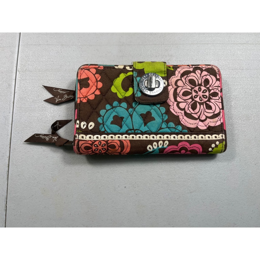 Vera Bradley Quilted Turn Lock Wallet Brown Pink Floral Retired Print